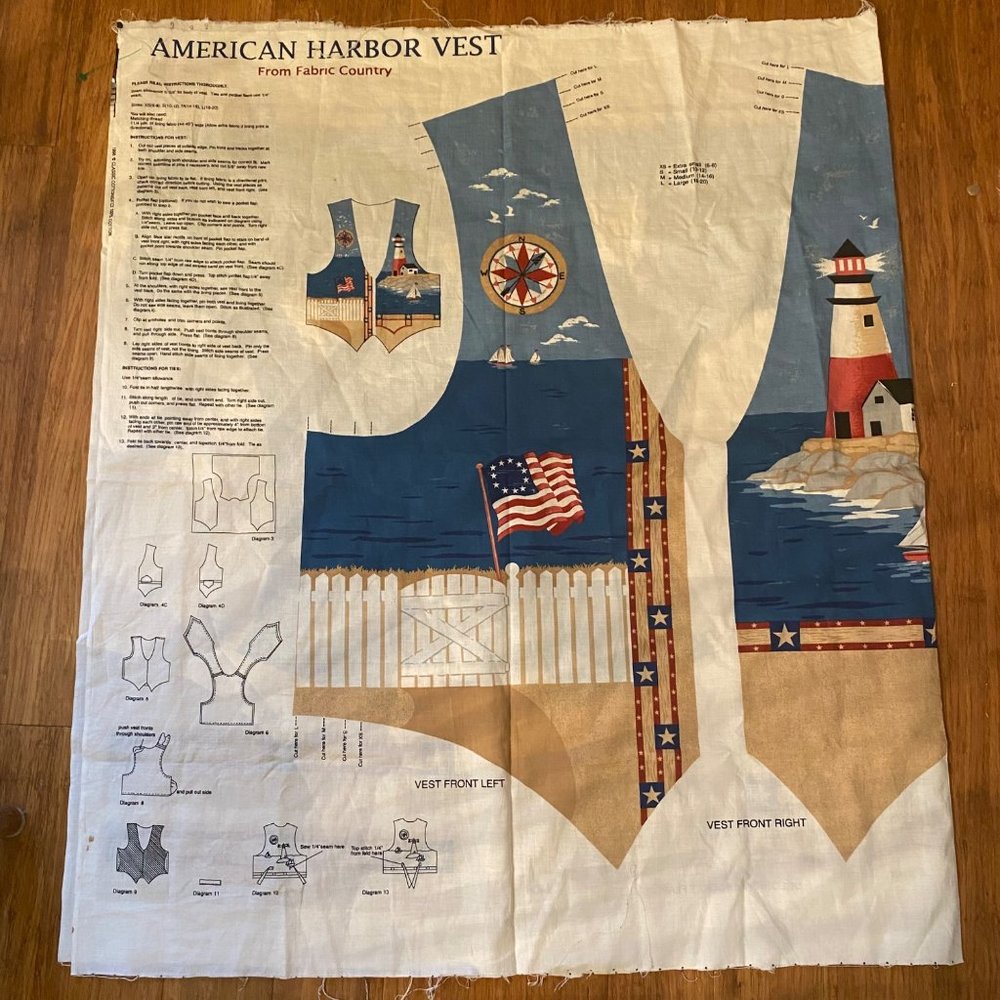 Fabric Country 1996 "American Harbor Vest" kit panel 100% cotton lighthouse XS-L